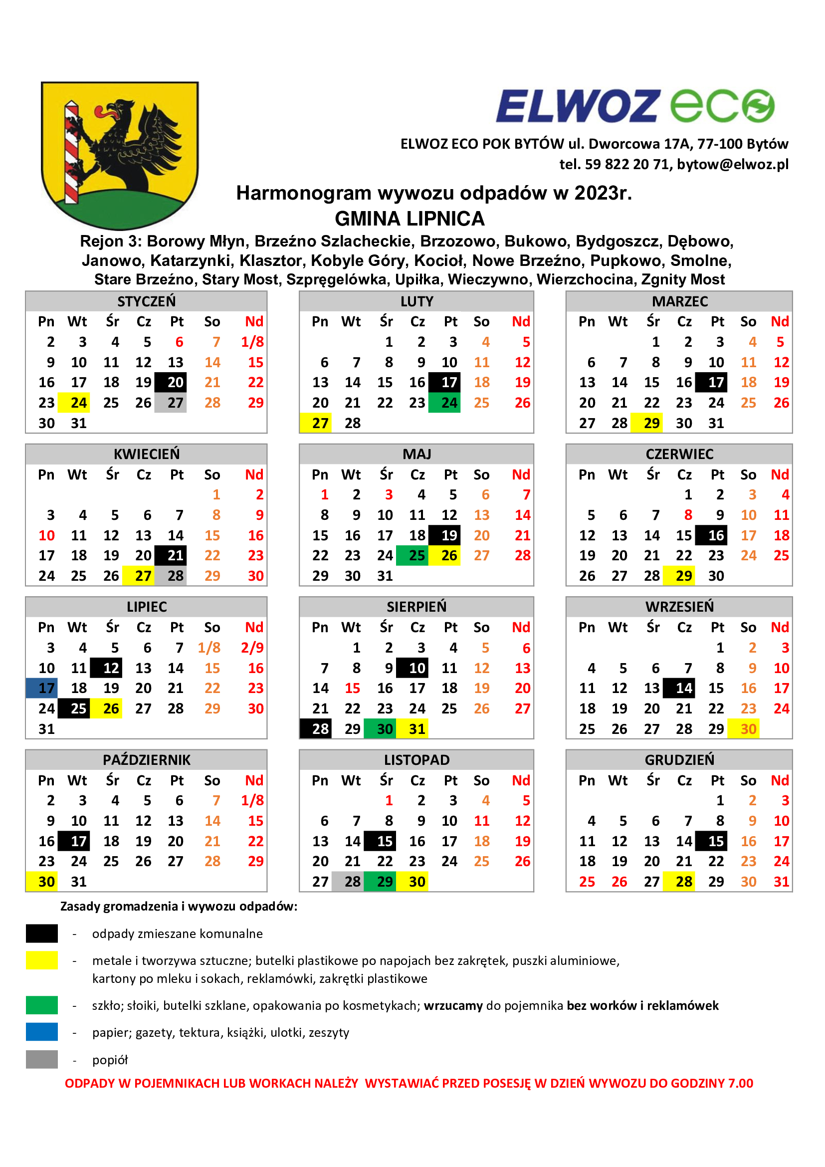 Harmonogram wywozu odpadów w 2023r.